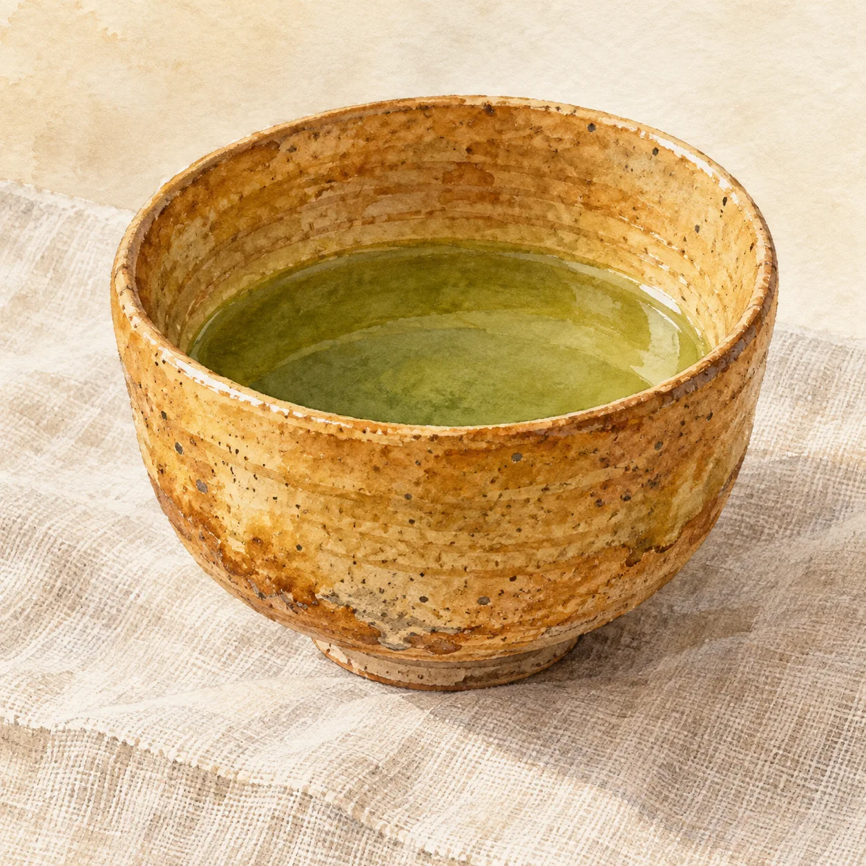 落ち着いた黄色の釉にろくろの筋が浮かぶ小ぶりの碗に、緑茶が注がれている水彩イラスト