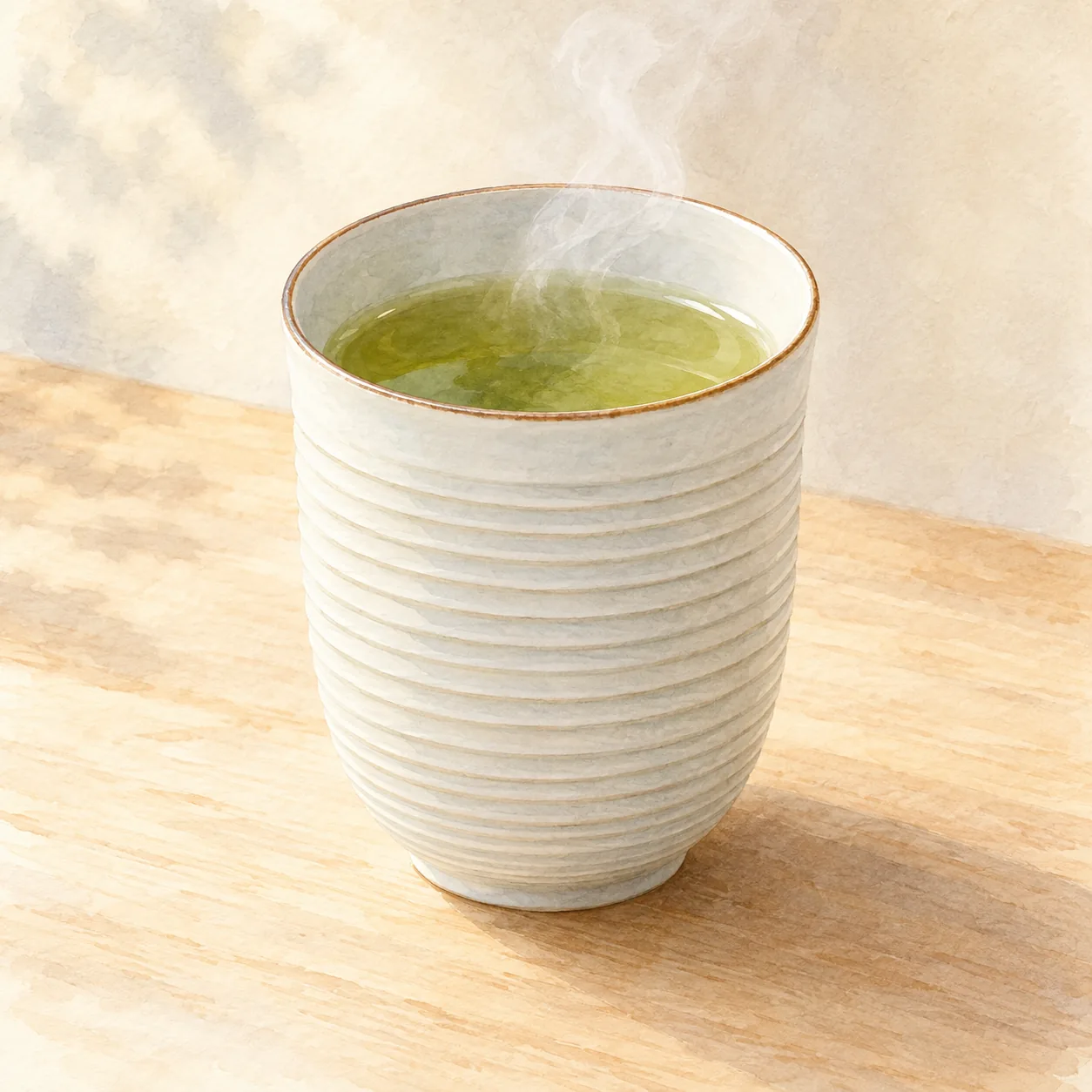 細い横筋の彫りが幾重にも入った白磁の湯呑で、縁に茶色の細いラインがあり、湯気の立つお茶が入っている水彩イラスト