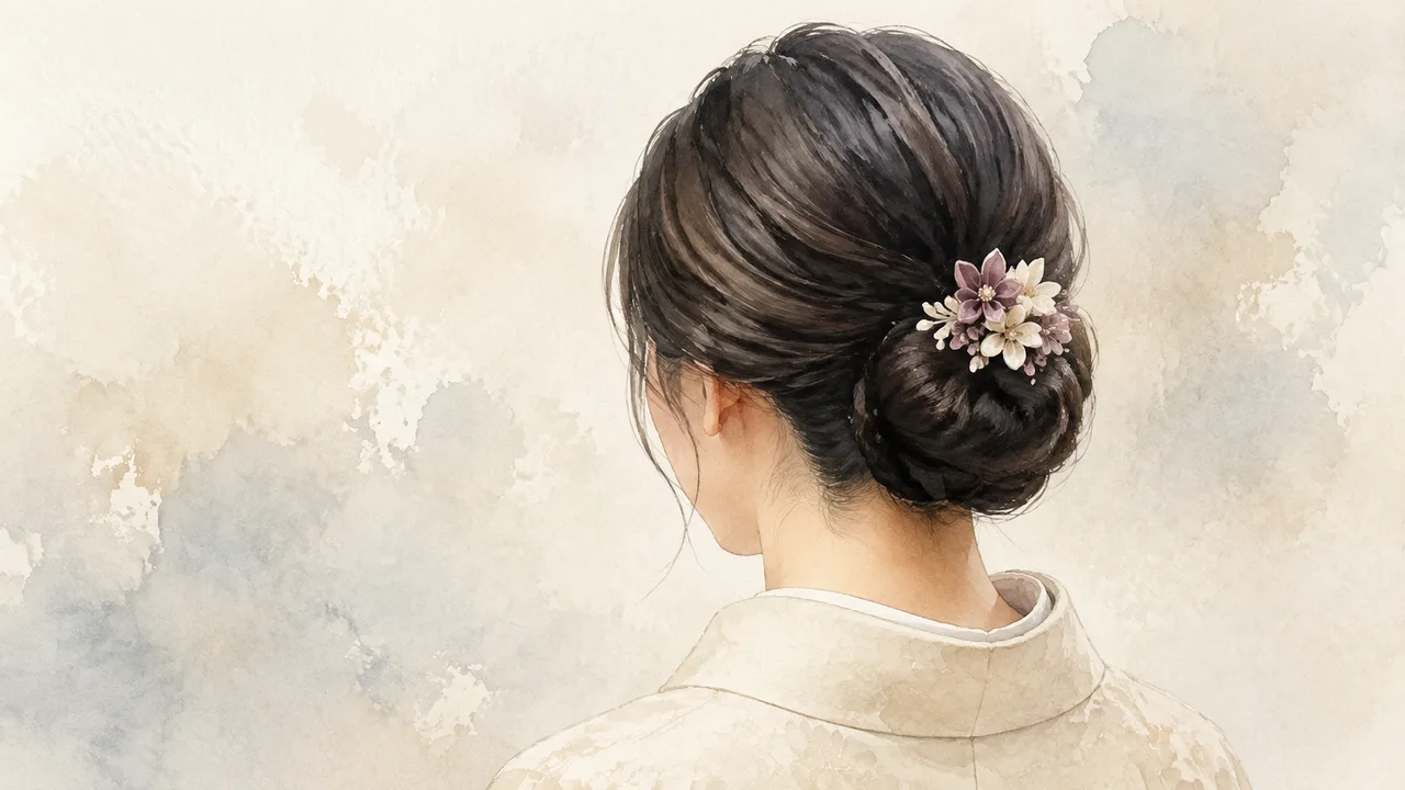 低い位置でまとめた髪に落ち着いた色の花飾りを添えた、大人の和装の水彩イラスト