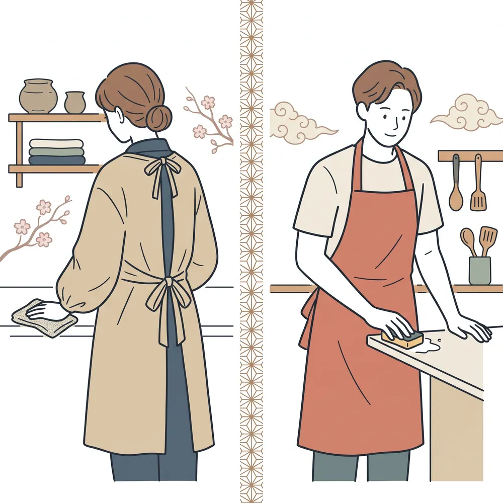 袖まで覆う割烹着と、前面のみ覆うエプロンを並べて比較したイラスト