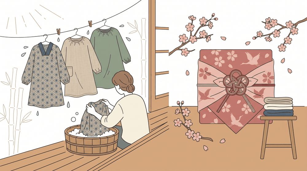 割烹着を洗濯して干す様子と、ラッピングされた母の日ギフトの割烹着を描いたイラスト