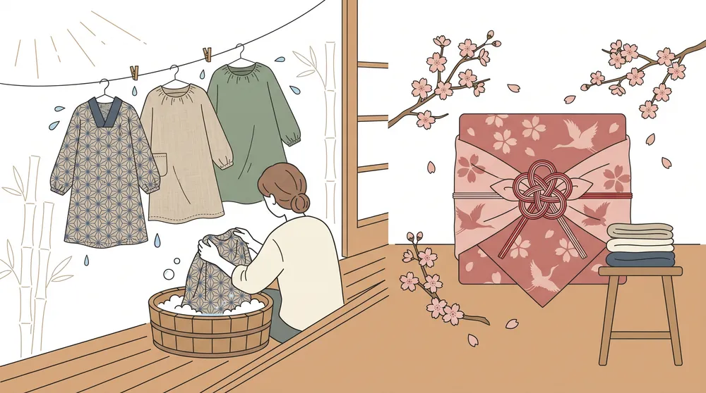 割烹着を洗濯して干す様子と、ラッピングされた母の日ギフトの割烹着を描いたイラスト