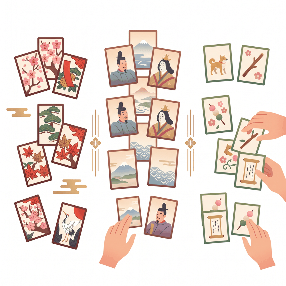 月の絵柄の花札、和歌の百人一首、ことわざのいろはかるたを並べて比較したイラスト