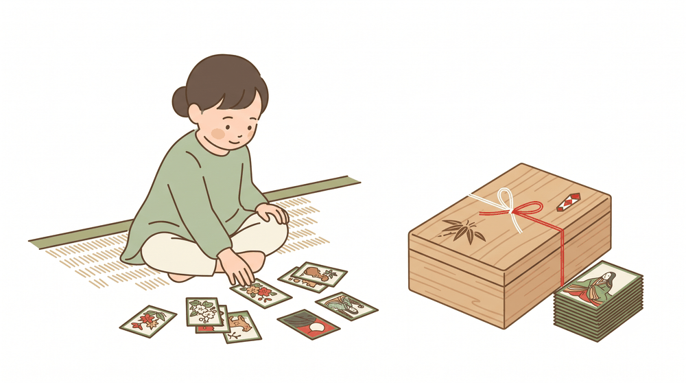 子どもがかるたで遊び学ぶ様子と、木箱入りの上製かるたのギフトを描いたイラスト