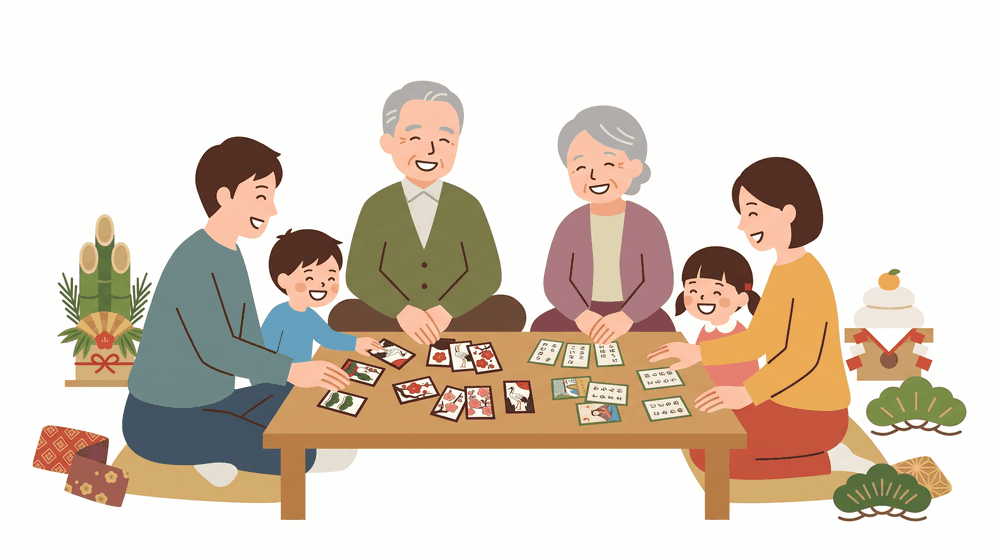 家族で花札やかるたを囲んで楽しむ、お正月の団らんのイメージイラスト