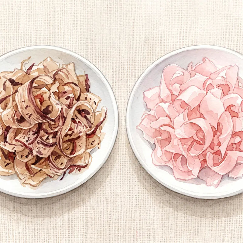 血合い入りの濃い色の削り節と、桜色をした血合い抜きの削り節を並べた様子