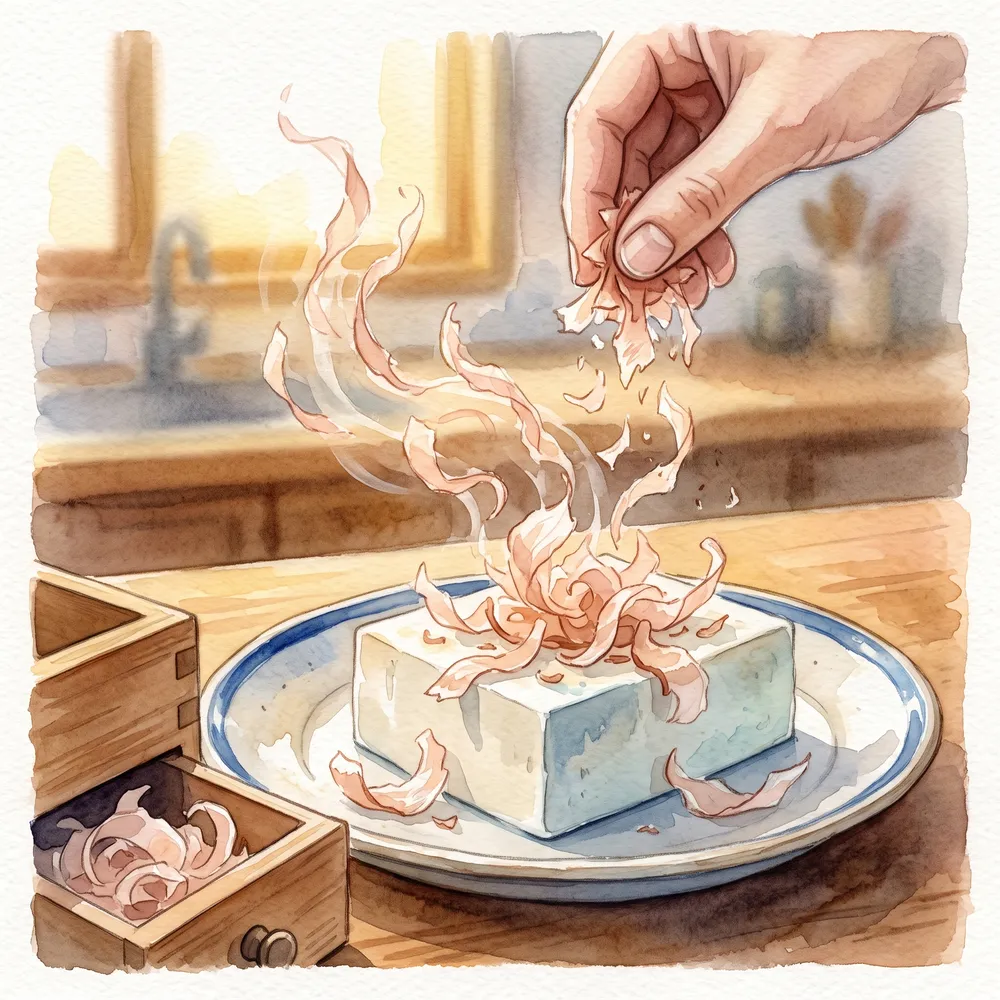 削りたての鰹節を冷奴にふわりとかけている様子