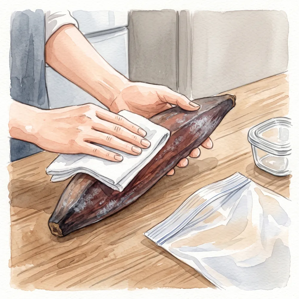 鰹節を乾いた布で拭き、密閉袋に入れて保存する様子