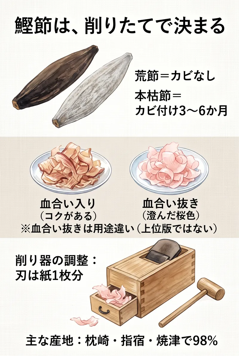 鰹節の種類・産地・削り器の刃の調整をまとめたインフォグラフィック