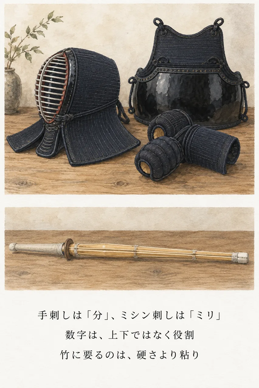 面・小手・胴と竹刀を並べた、まとめのイラスト