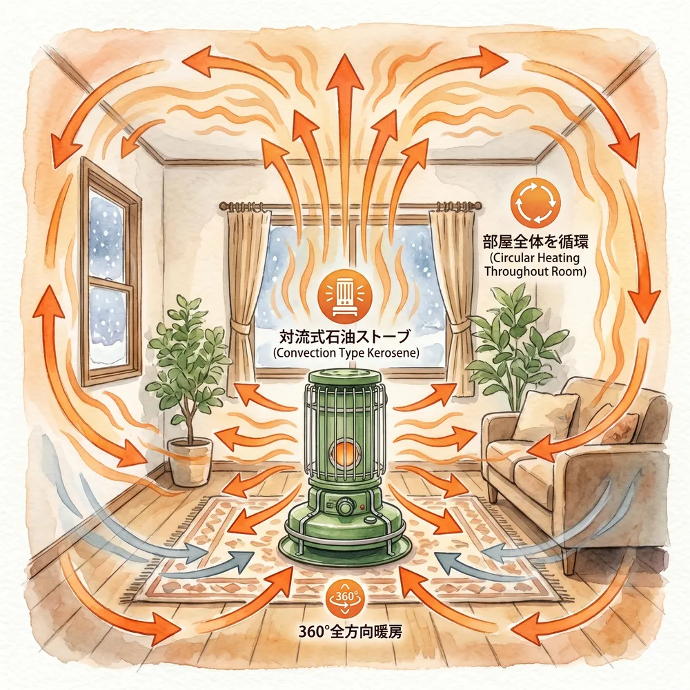 対流式ストーブが周囲360度と上部へ暖かい空気を循環させている様子を示す図解イラスト
