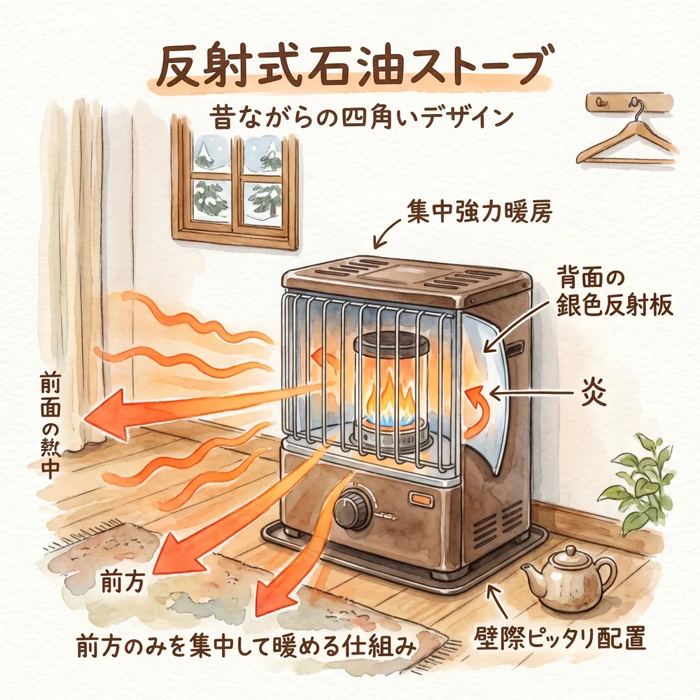 反射式ストーブが背面の反射板によって熱を前方に集中的に放射している様子を示す図解イラスト