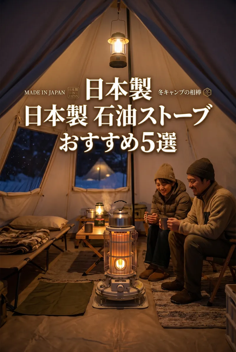 テント内で石油ストーブの火を囲みながら暖を取っているキャンパーのまとめイメージ