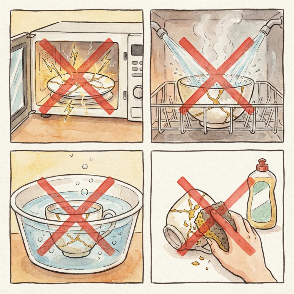 金継ぎした器のNG行為（電子レンジでスパーク、食洗機、水へのつけ置き、クレンザー洗い）を4分割で示した注意喚起のイラスト