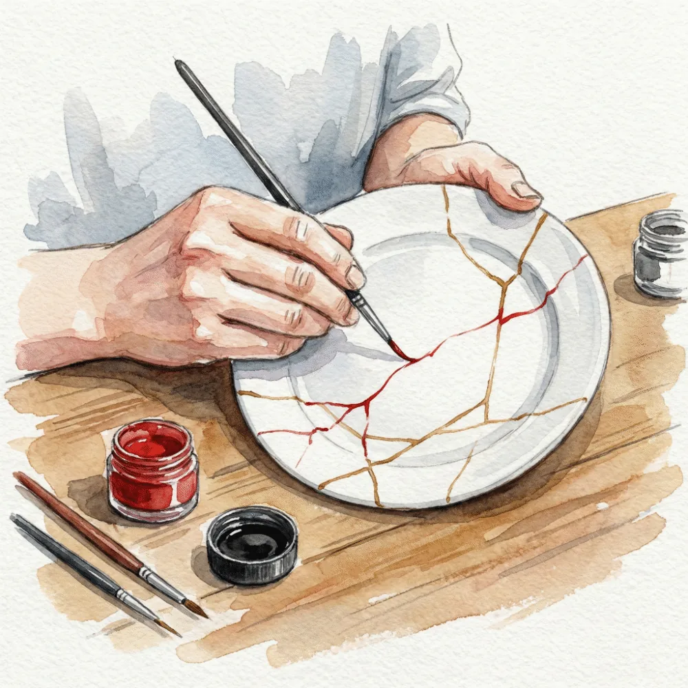 極細の筆で継ぎ目の上から漆のラインを慎重に描いている様子のイラスト