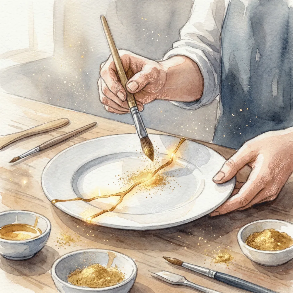 漆の線の上から筆で金粉を優しく蒔いている、仕上げの工程のイラスト