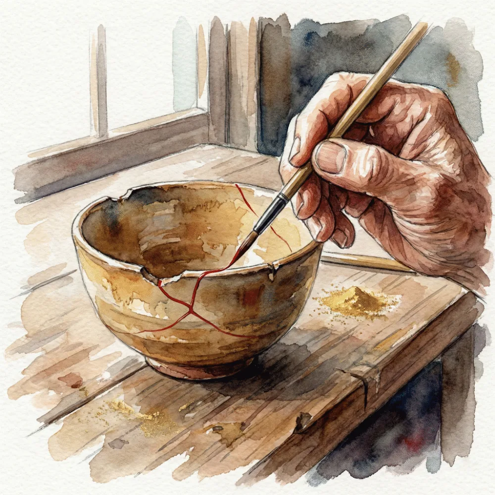 プロの職人が金継ぎ筆を持って、細い線を慎重に描いている作業風景のイラスト