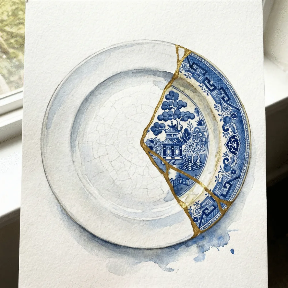 白いお皿の欠けた部分に、柄の違う青い陶器の破片を金継ぎで埋め込んだ「呼び継ぎ」の完成イメージ