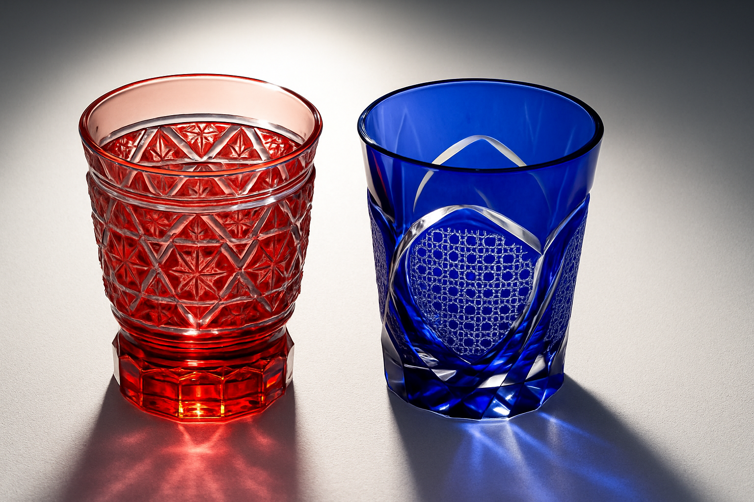 江戸切子のシャープなカットと、薩摩切子のグラデーション（ぼかし）の比較画像