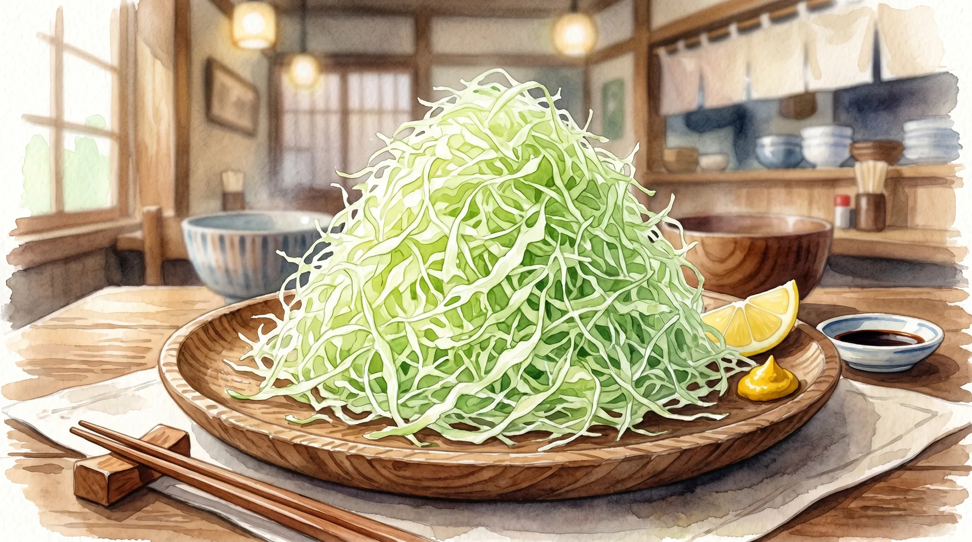 とんかつ屋の定食に添えられているような、山盛りで極細の「ふわふわなキャベツの千切り」を描いた水彩画風イラスト