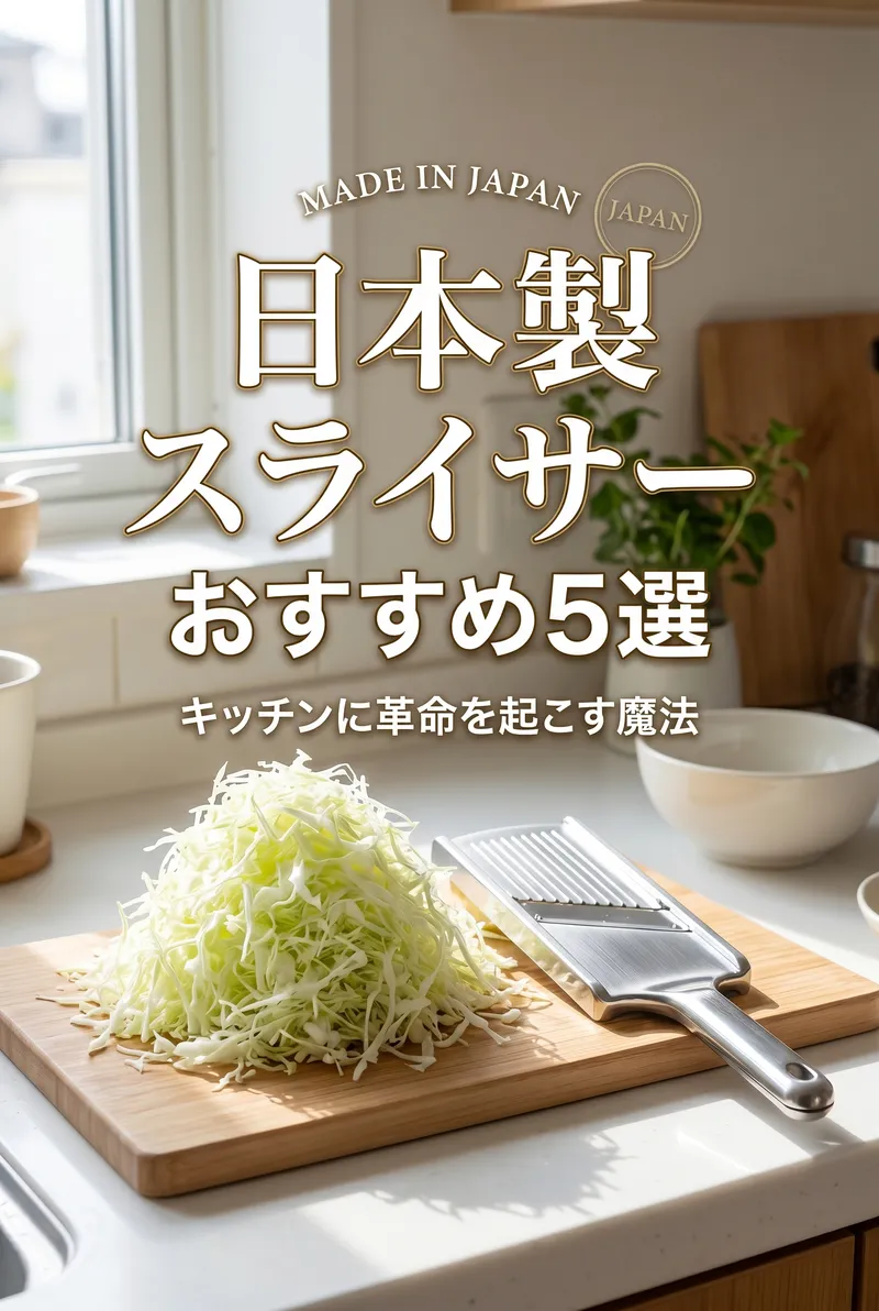 キッチンのまな板の上で、美しい極薄のキャベツの千切りが山盛りになっており、その横に日本製の高品質なスライサーが置かれているまとめイメージ