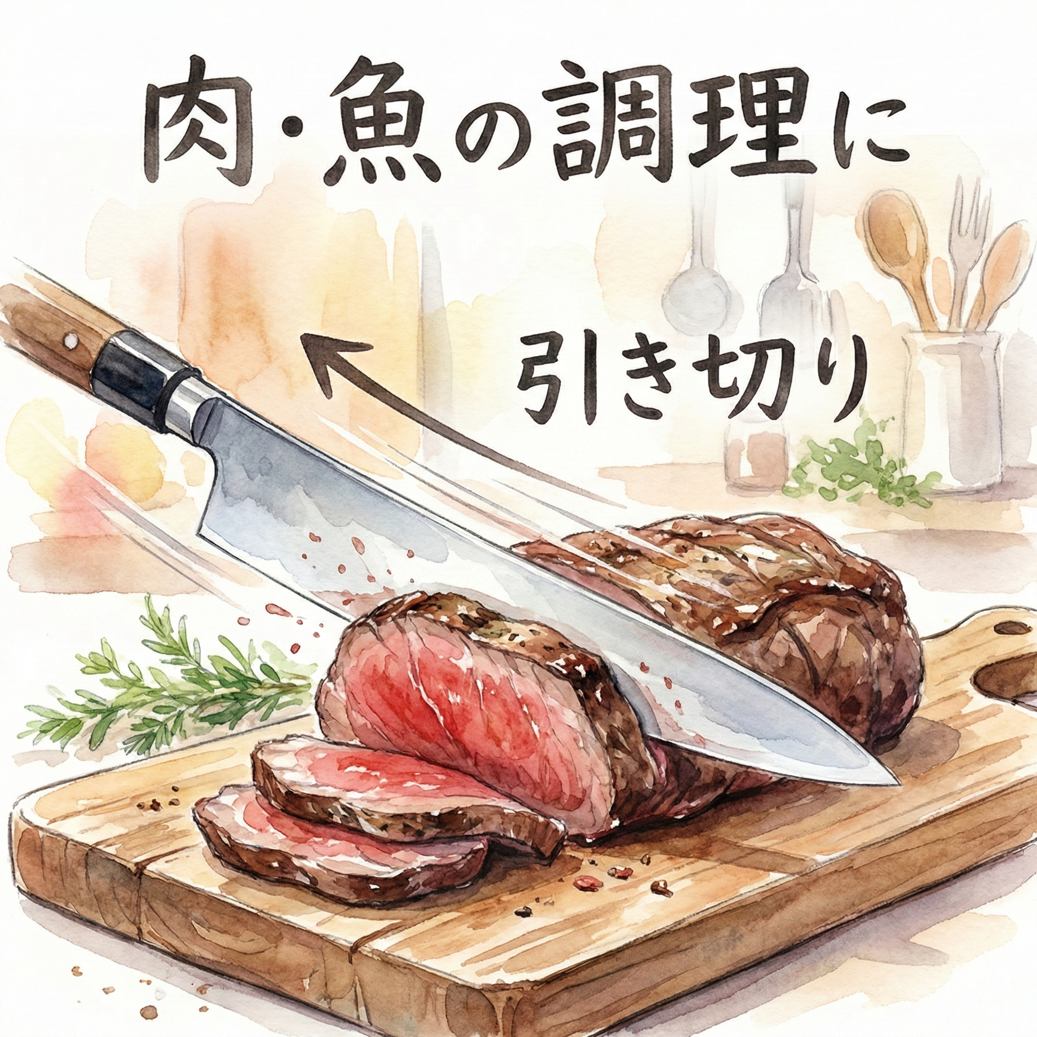 牛刀を使って肉のブロックをスライスしている様子