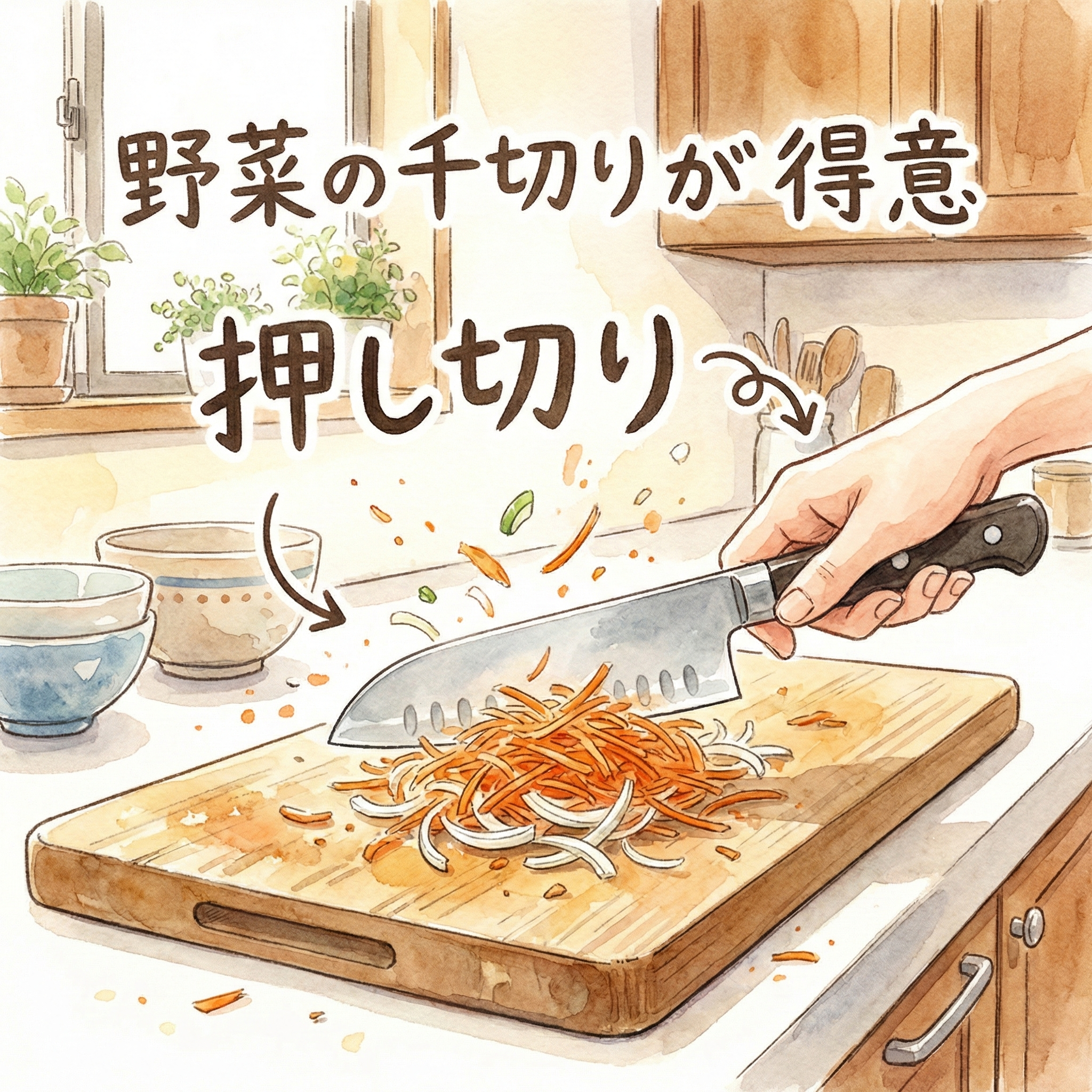 家庭のキッチンで三徳包丁を使って野菜を切っている様子