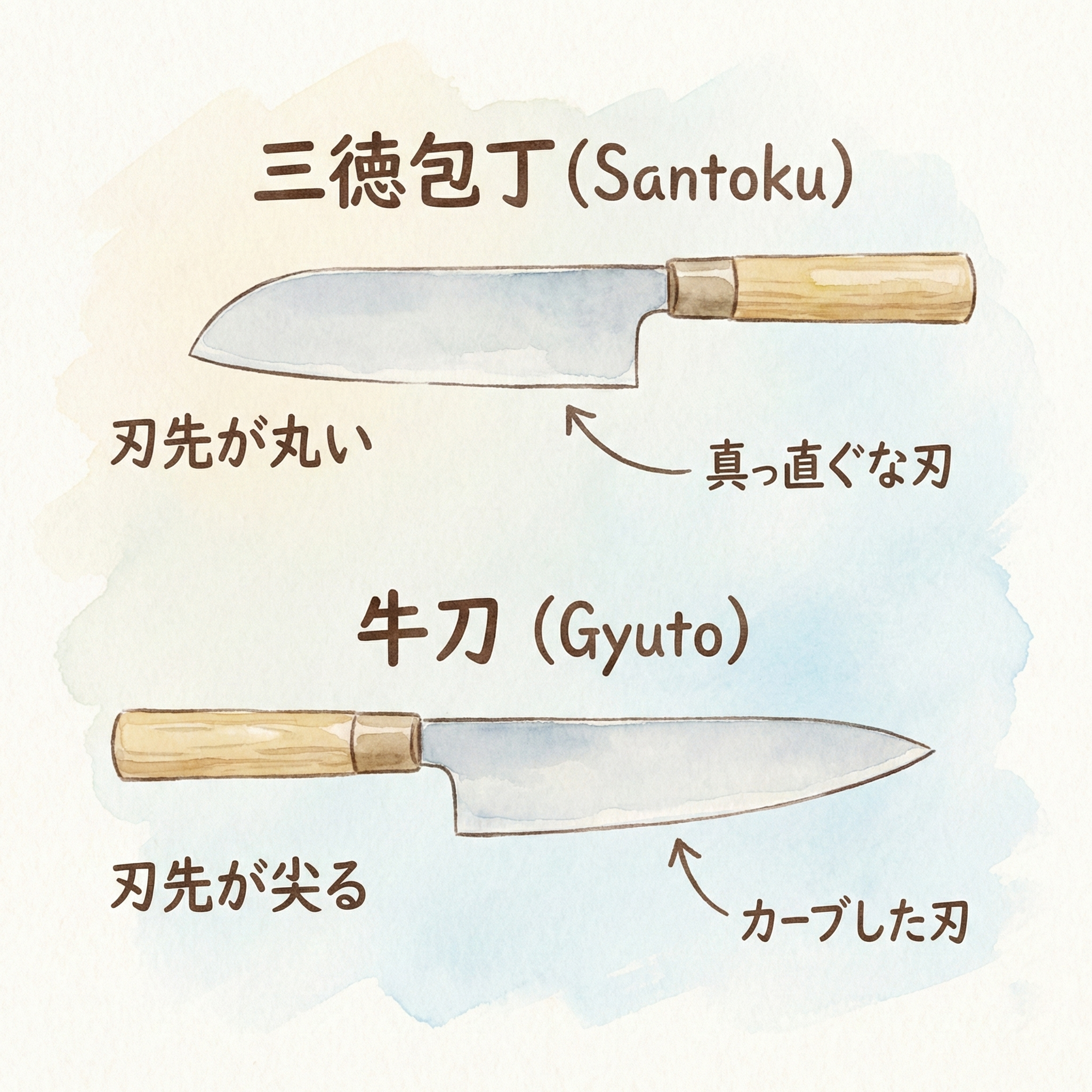 三徳包丁と牛刀の刃の形状比較イラスト