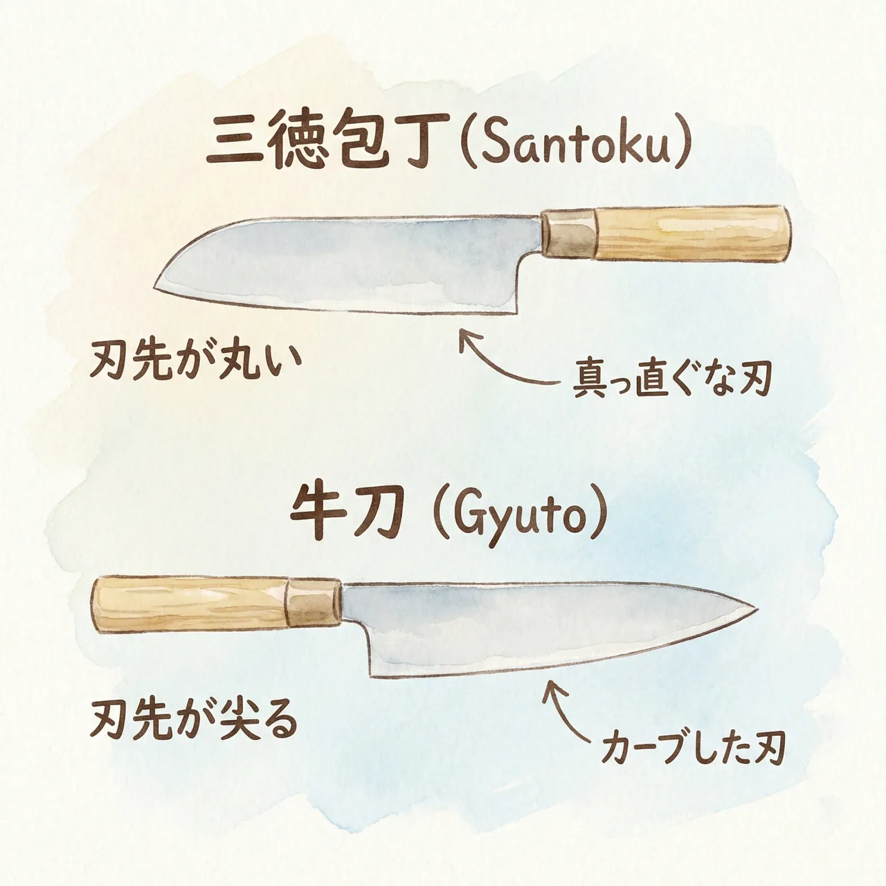 三徳包丁と牛刀の刃の形状比較イラスト