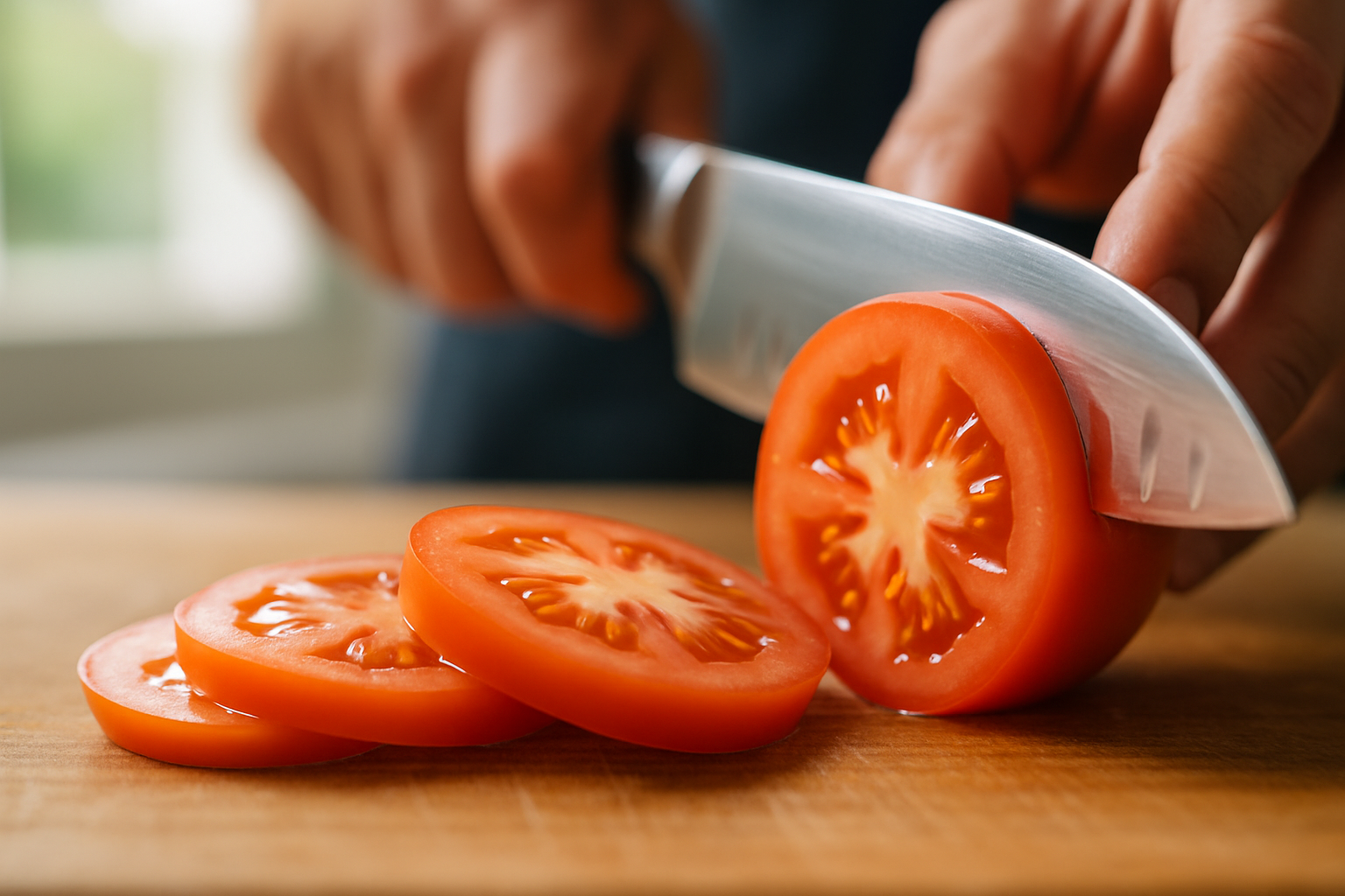 日本製包丁を研ぐ職人と、きれいな断面でカットされた食材