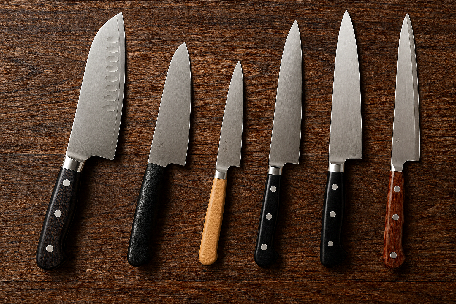 さまざまな日本製包丁ブランドの包丁がテーブルに並んでいる様子