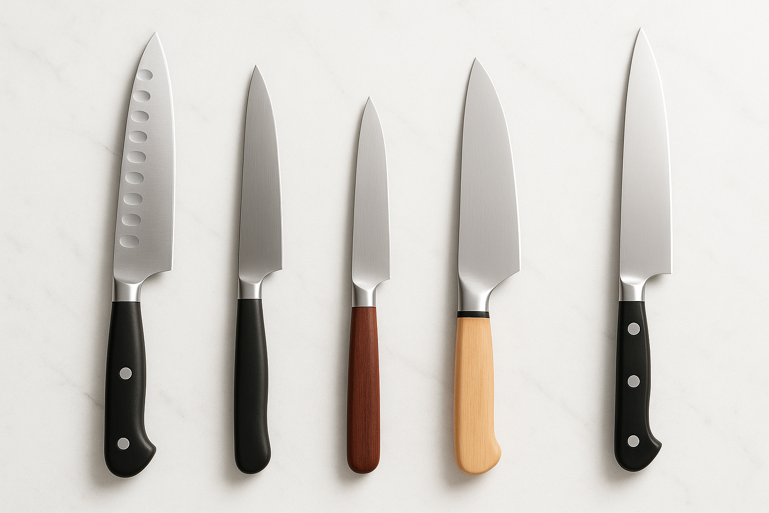三徳包丁・牛刀・ペティ・出刃・柳刃など、日本製包丁の代表的な形が並んでいる様子
