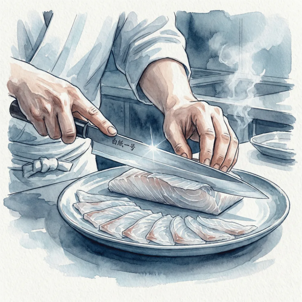 柳刃包丁で刺身を切るイラスト。プロ仕様の鋭い切れ味を表現
