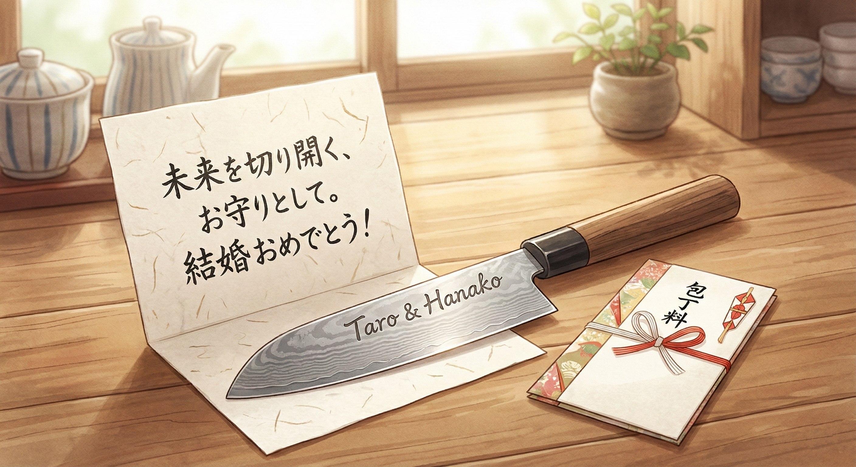 メッセージカードと「包丁料」と書かれた小さな封筒のイラスト