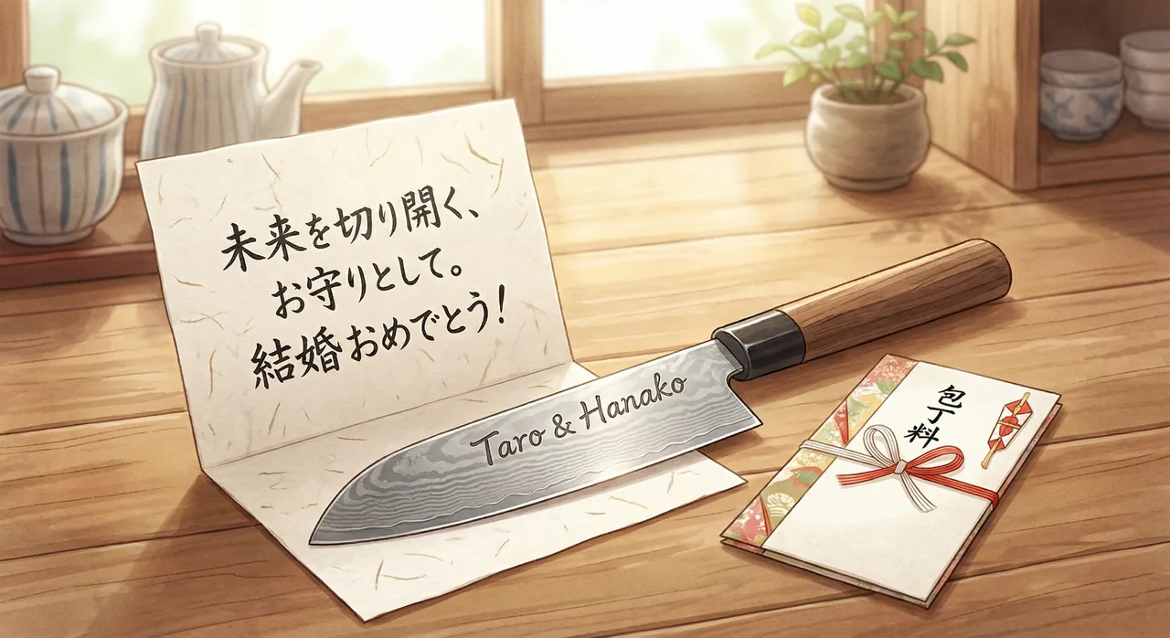 メッセージカードと「包丁料」と書かれた小さな封筒のイラスト