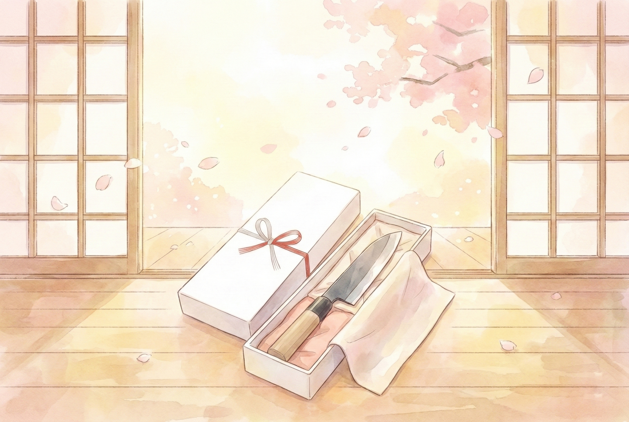 ラッピングされた包丁と「未来を切り開く」と書かれたメッセージカードのイラスト