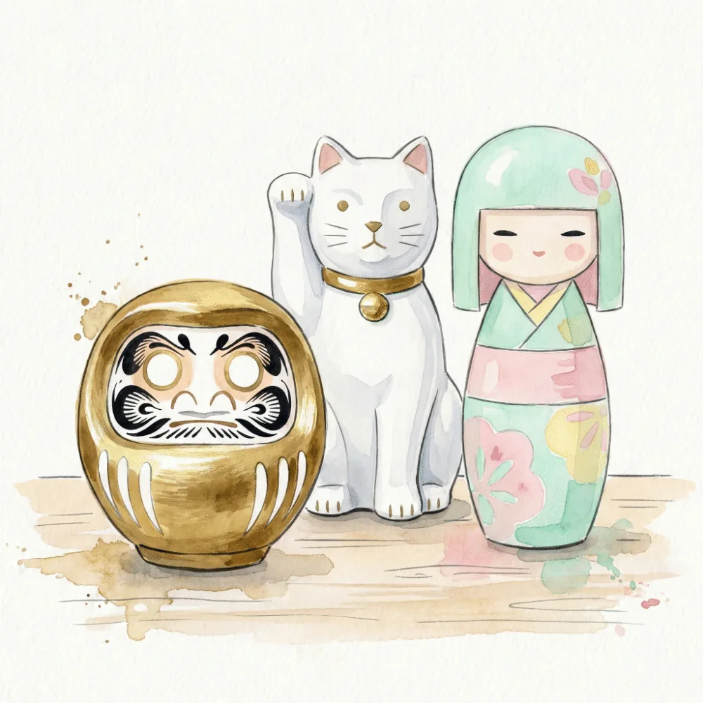 中川政七商店の「招き猫みくじ」やBEAMS JAPANの「金色のダルマ」など、モダンにアレンジされた郷土玩具のイラスト