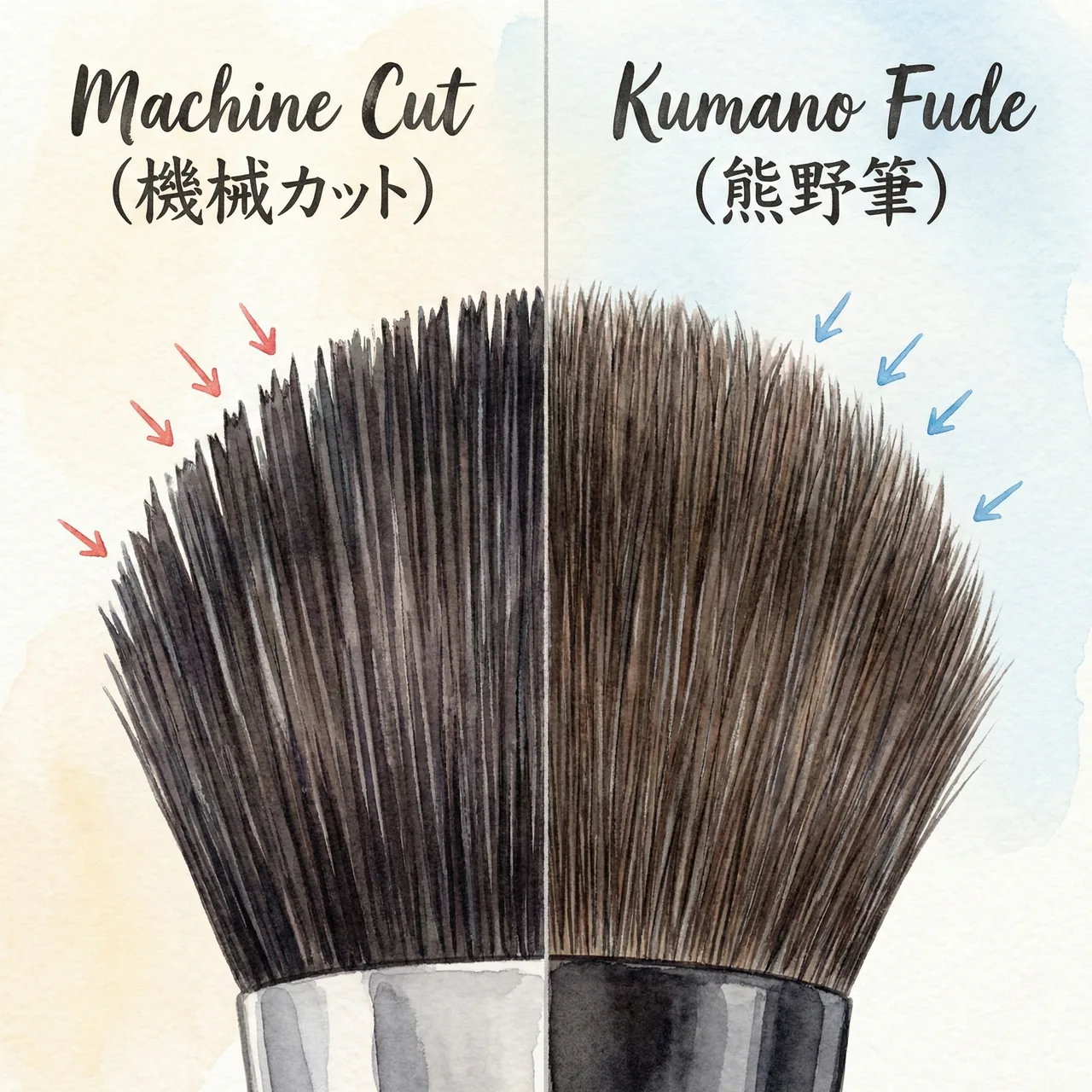 カットされた毛先と自然な毛先（熊野筆）の肌への当たりの違い比較イラスト