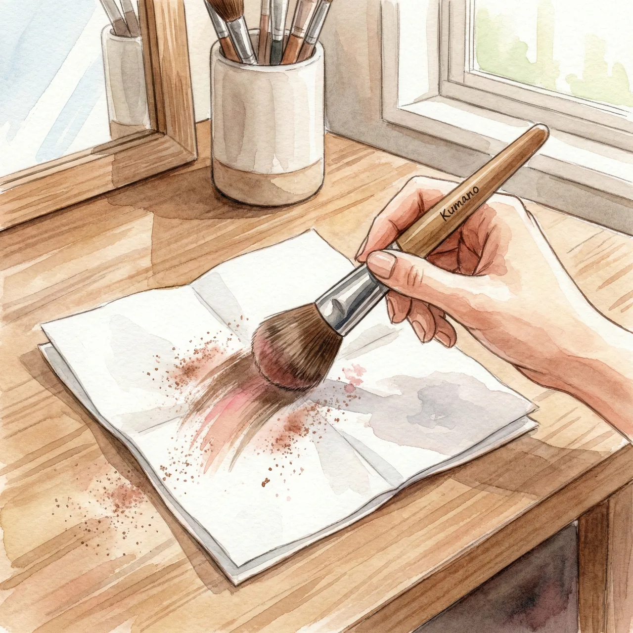 使用後のメイクブラシをティッシュの上で優しく撫でて汚れを落としているイラスト