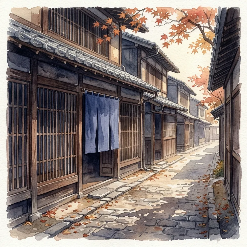 中山道の宿場町の家並みと、菓子屋の暖簾を描いた水彩イラスト