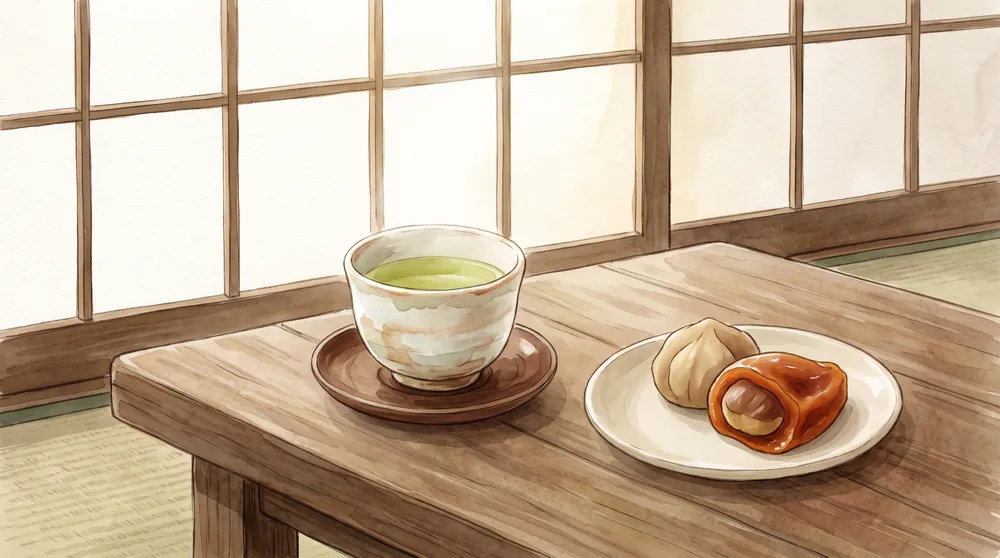 湯呑みの緑茶と、銘々皿にのせた栗きんとんを描いた横長の水彩イラスト