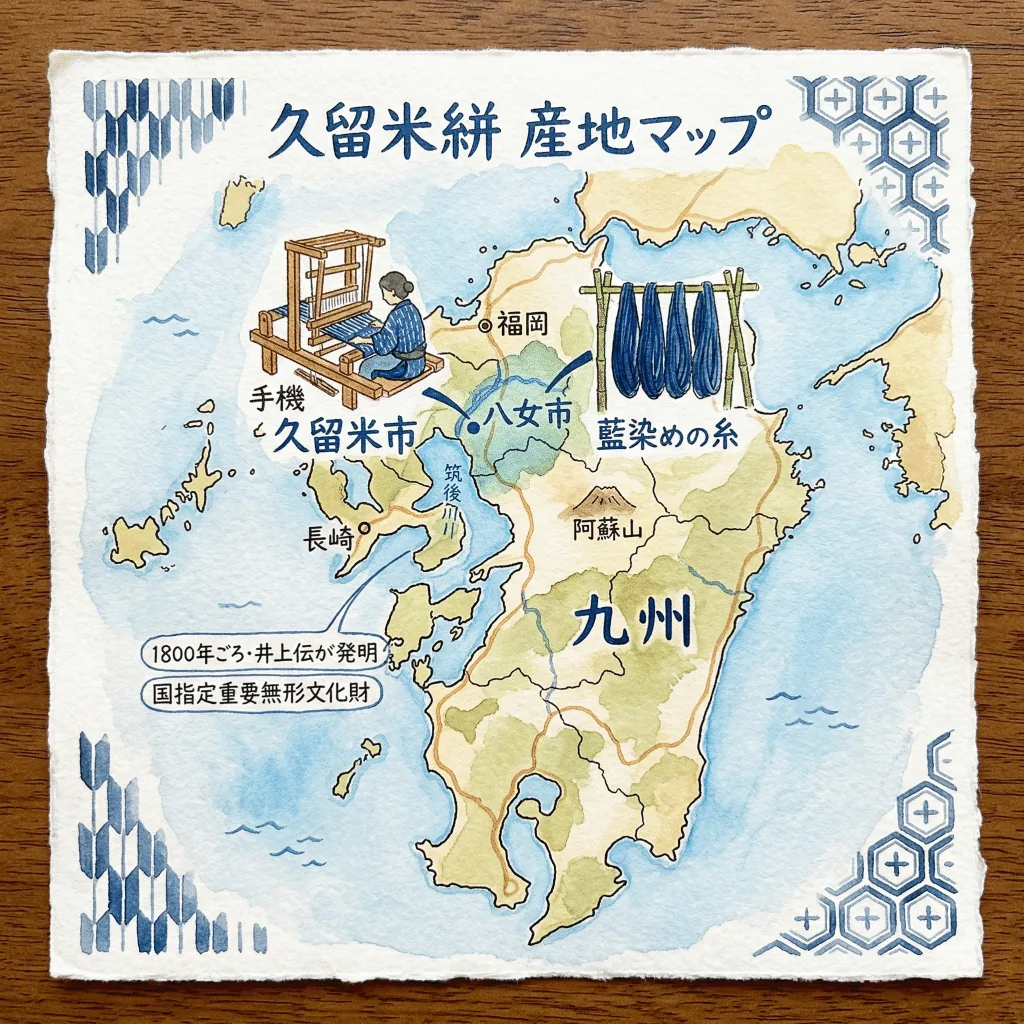 九州地図上に久留米絣の産地・久留米市と八女市を示した産地マップイラスト