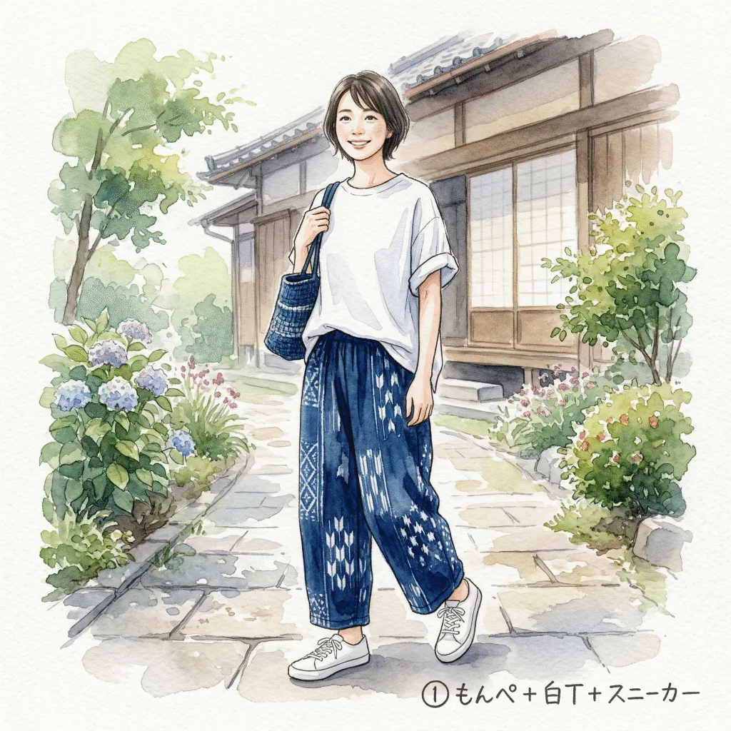 久留米絣コーデ①：もんぺ＋白Tシャツ＋スニーカーのカジュアルスタイル