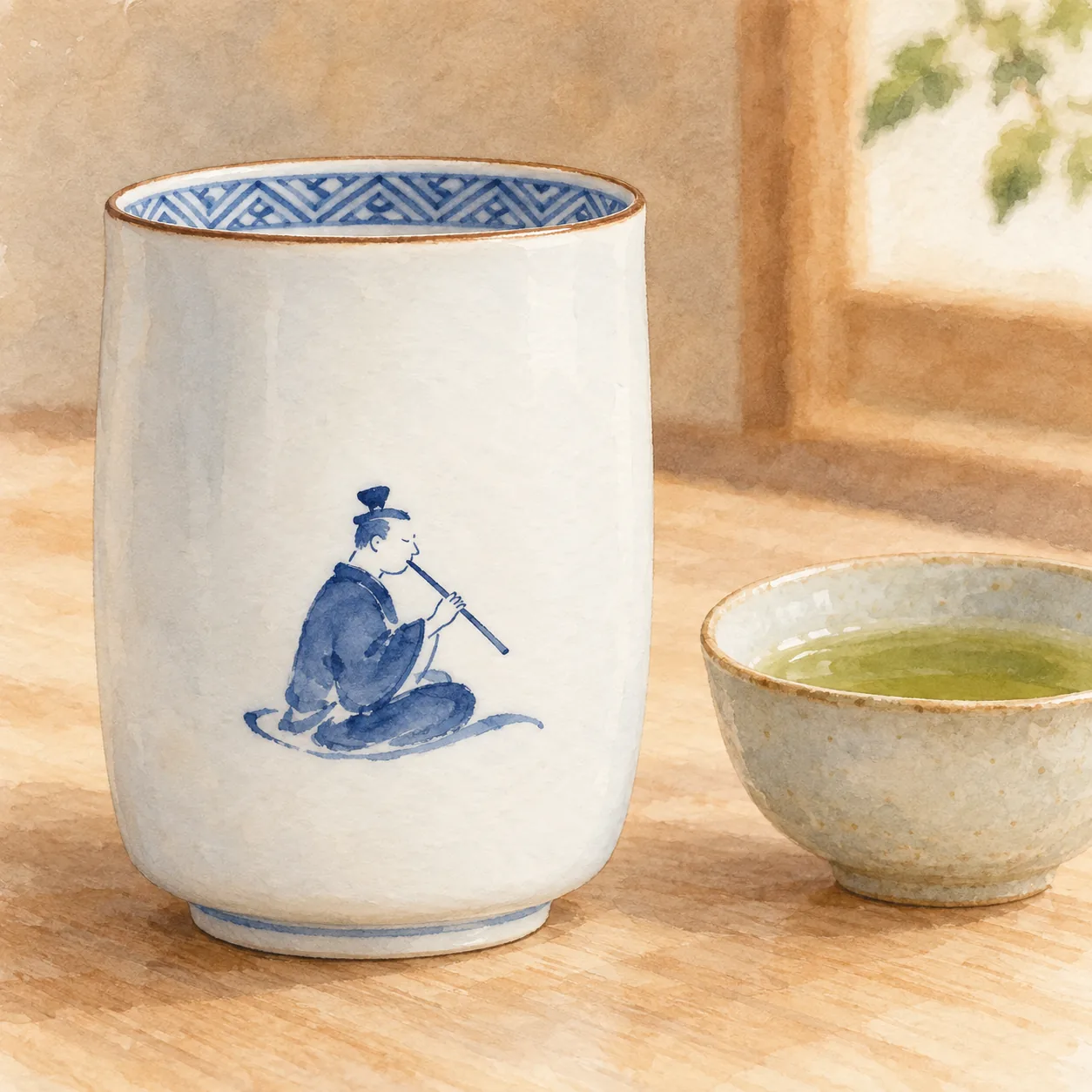白い磁器の筒形の湯呑に、のびやかな線で笛を吹く人物が描かれている水彩イラスト