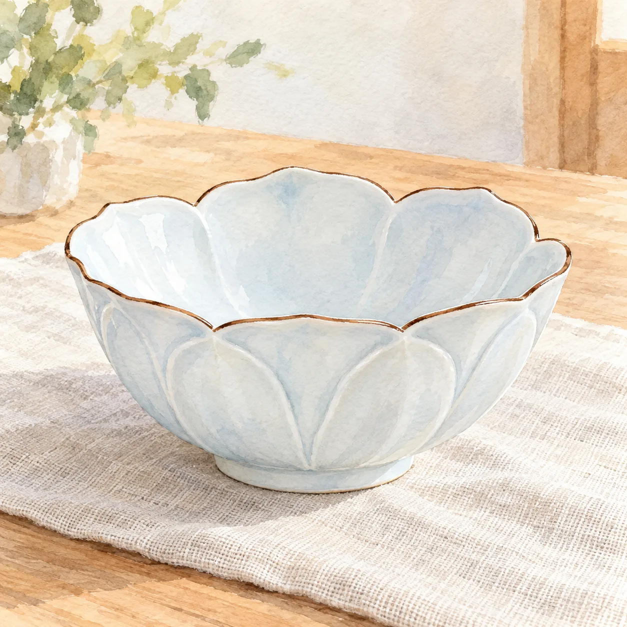 ほんのり青みがかった白磁の輪花鉢で、縁に茶色の細いラインが入り、花びらの形が浮き彫りになっている水彩イラスト