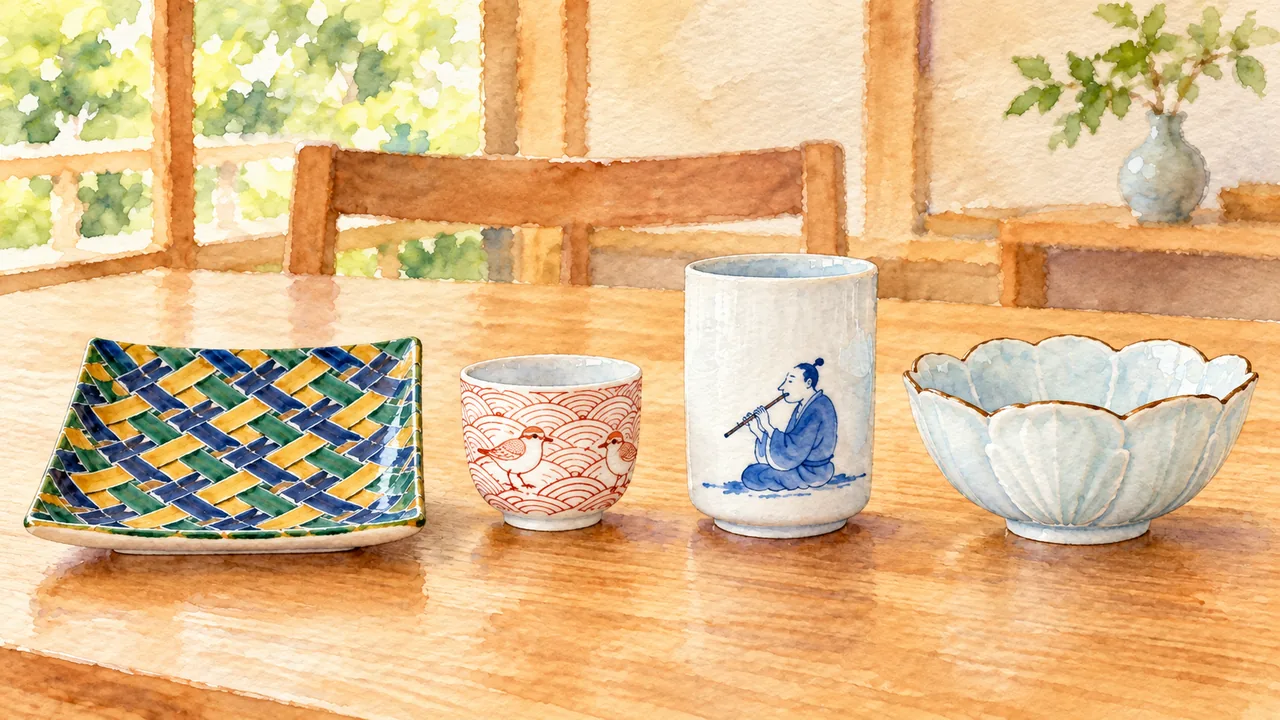 色鮮やかな青手の角皿、赤い細線のぐい呑、笛吹の湯呑、白九谷の輪花鉢を食卓に並べて、作風の違いがわかるように描いた水彩イラスト