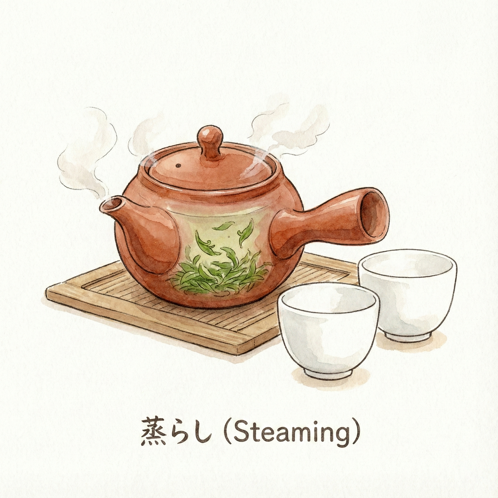 急須にお湯を注ぎ、蓋をして静かに待っているイラスト