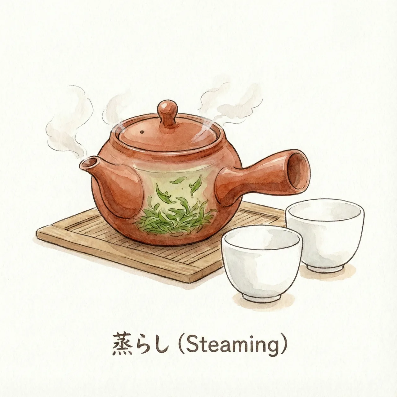 急須にお湯を注ぎ、蓋をして静かに待っているイラスト