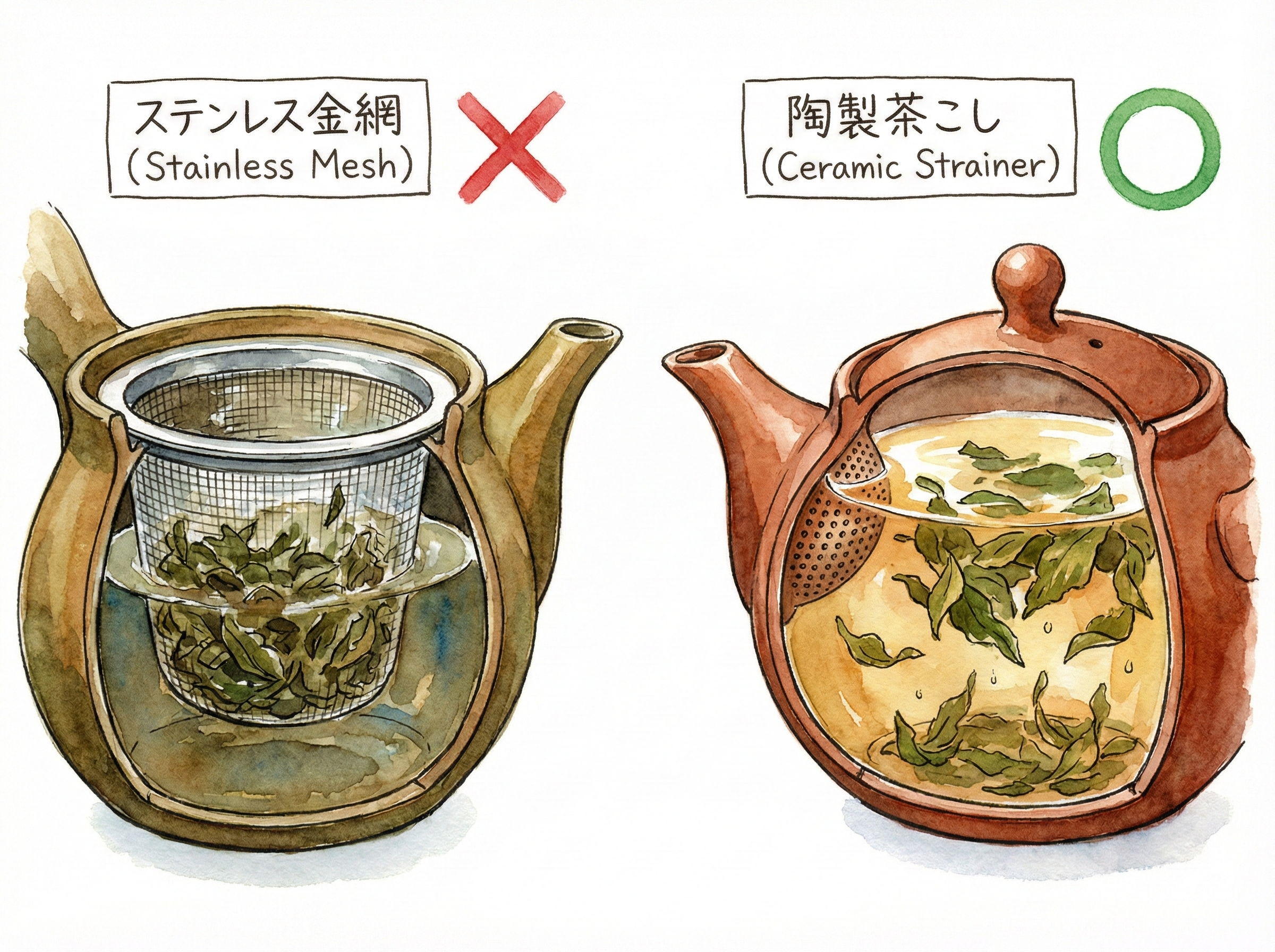ステンレス網と陶製茶こしの比較イラスト