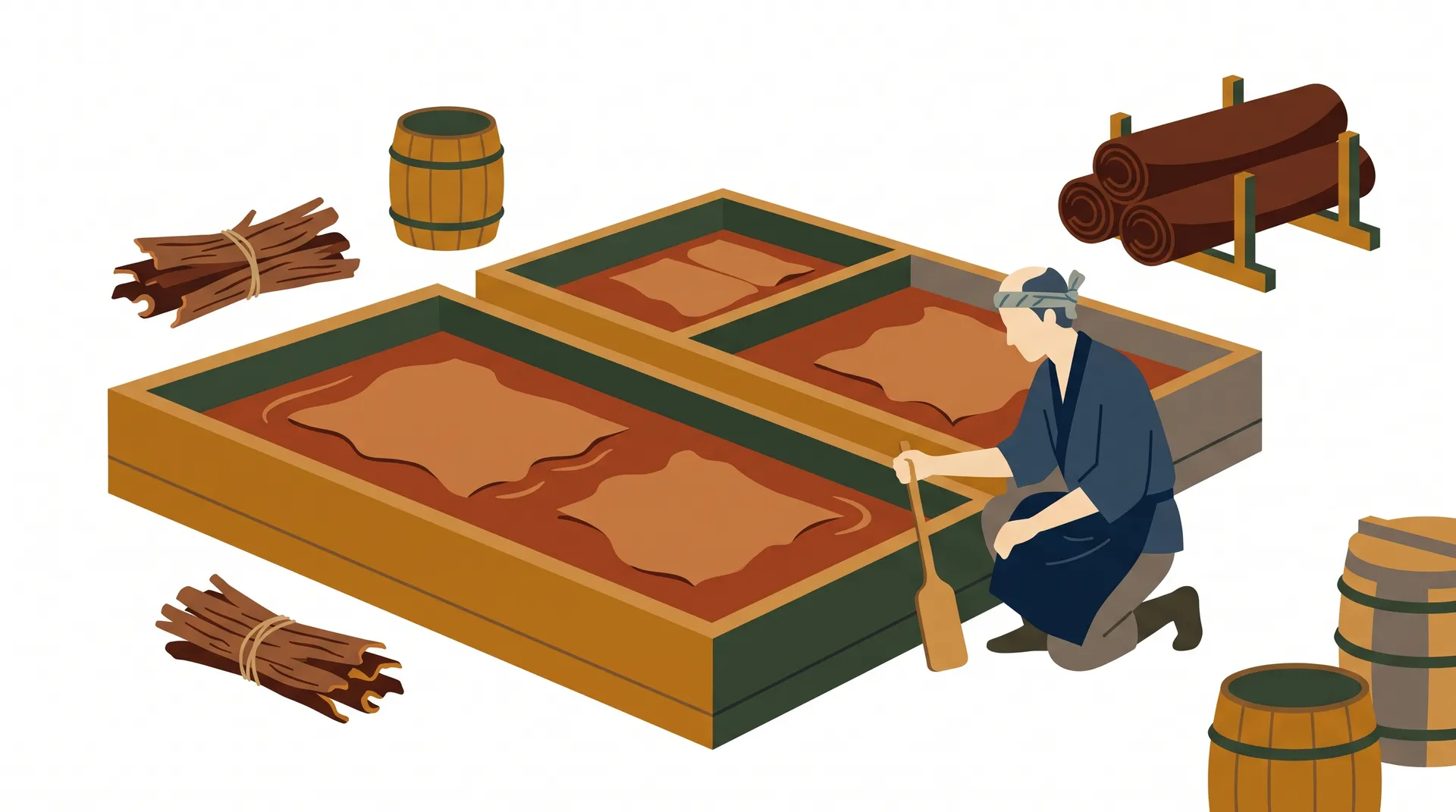大きな木製ピット槽でじっくりと革をなめしている職人のイラスト